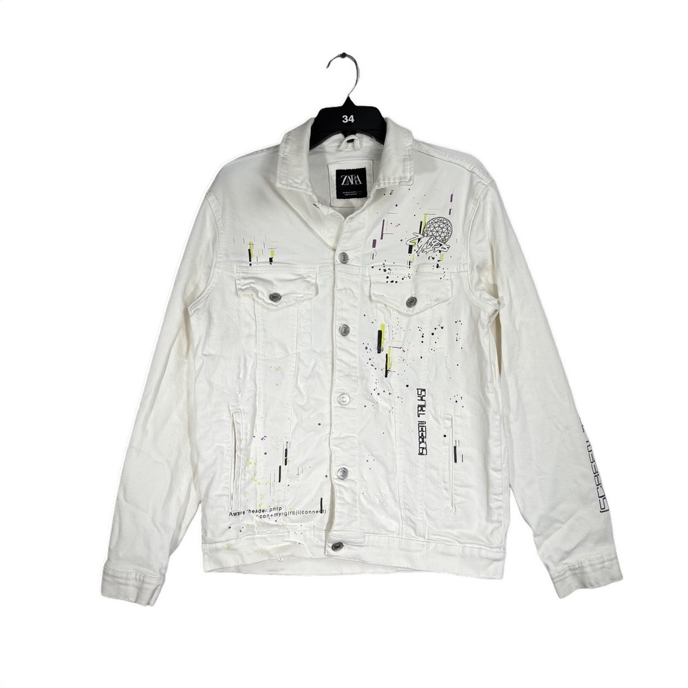Zara Denim Jacket Mens L White Excellent Synthetic Dreams Graphic Trucker Coat